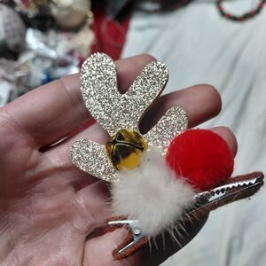 Gold Glitter Reindeer Hair Clip with Red Pom Detail